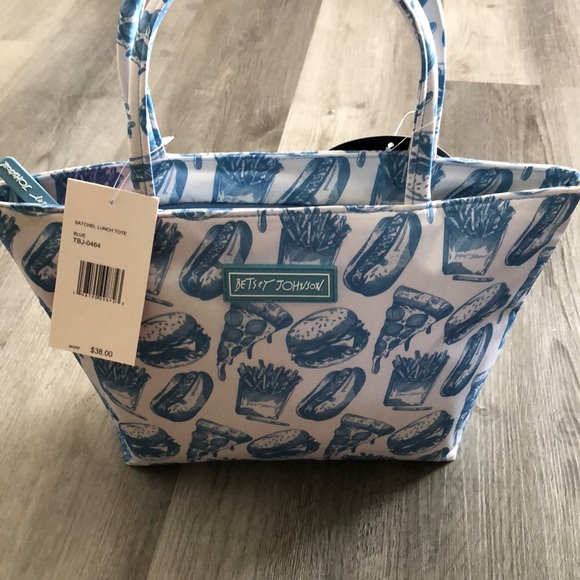 Betsey Johnson Insulated Satchel Lunch Tote White & Blue Fast Food Print NWT - Picture 13 of 16